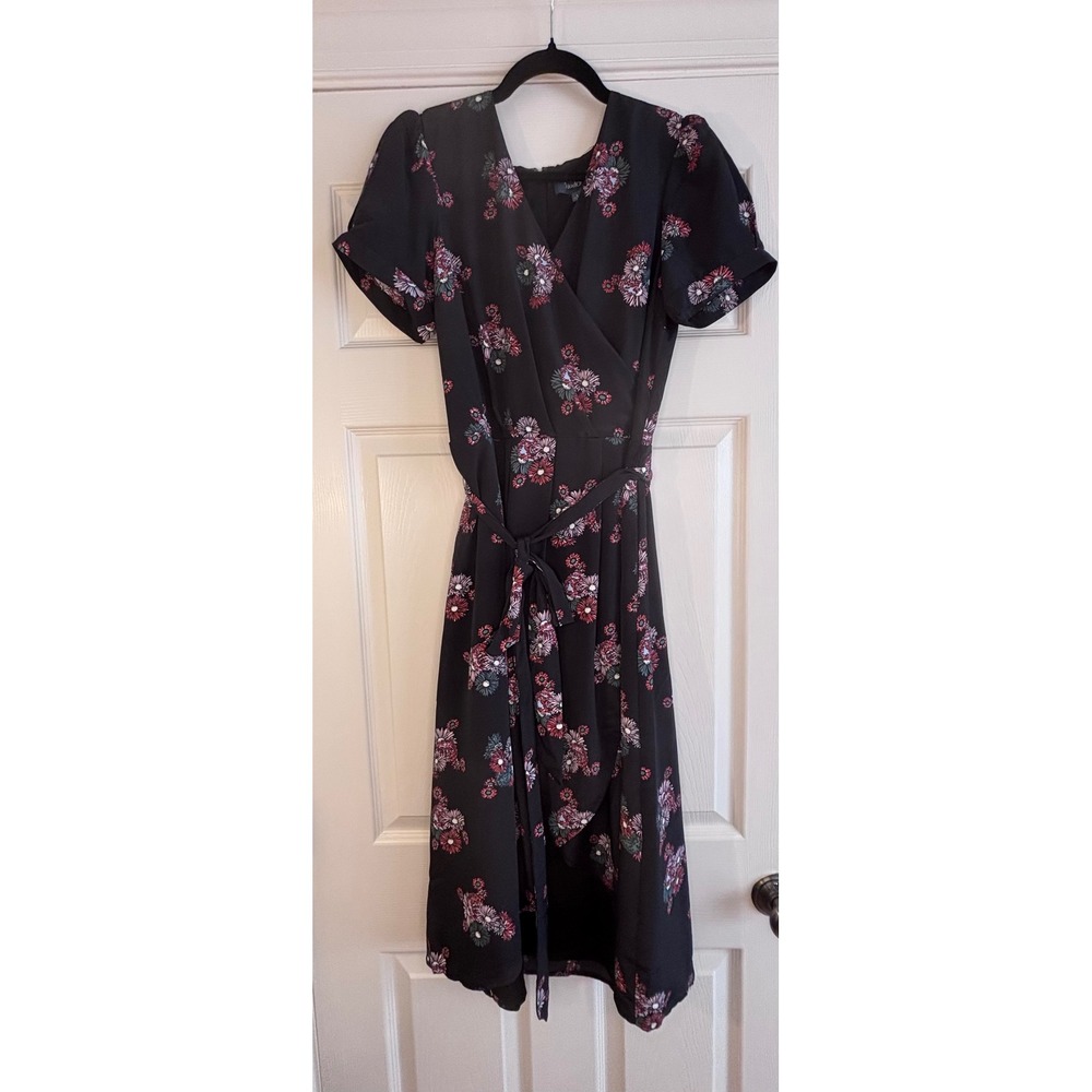 ModCloth Womens Black Floral Faux Wrap Midi Dress Short Puff Sleeve Size L